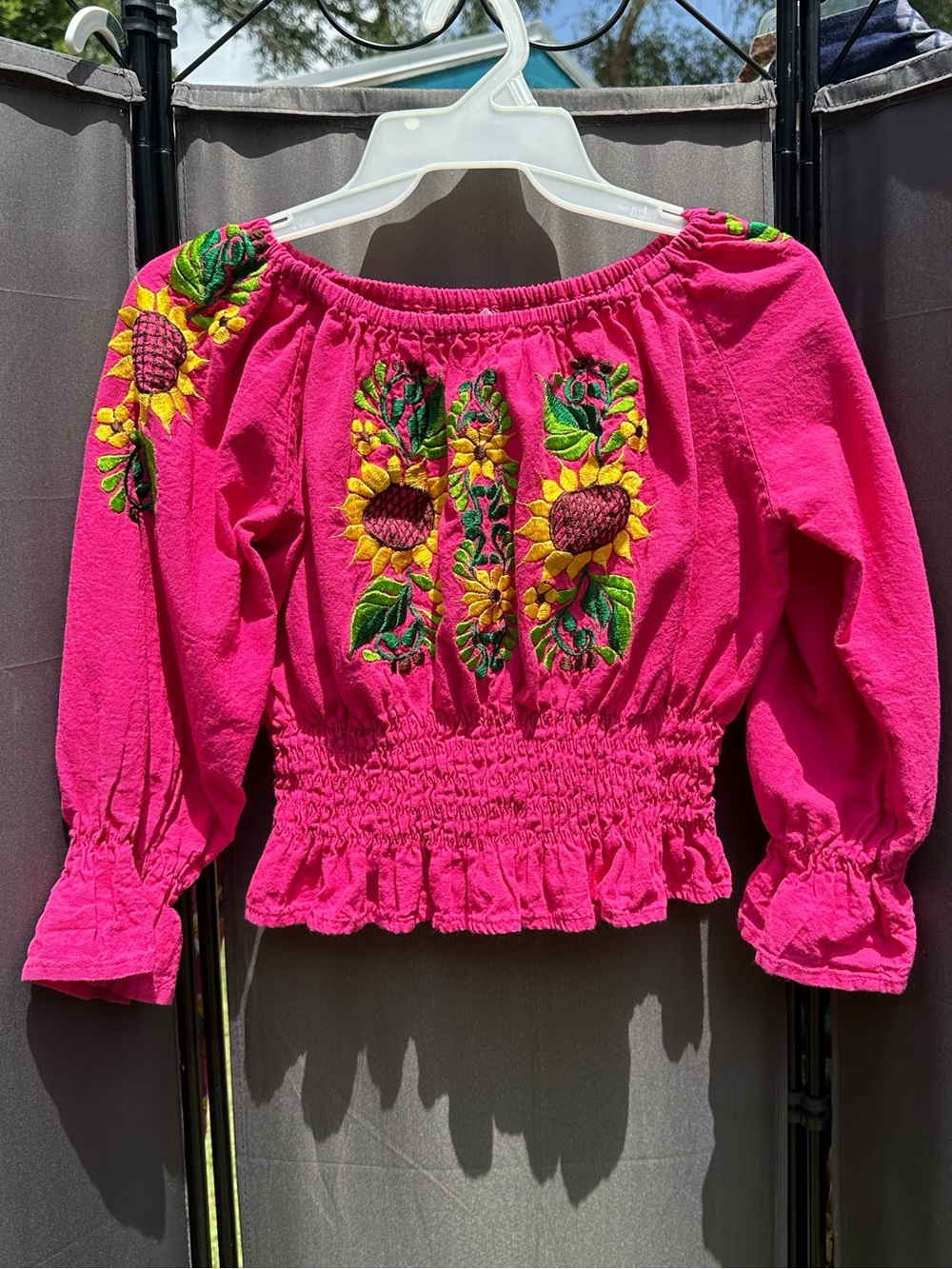 Embroidered Sunflower M Off The Shoulder Cotton Summer Milkmaid Top Fuchsia